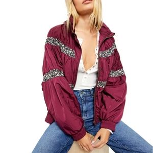 Free People Womens Burgundy Nylon Zippered Floral Bomber Jacket M